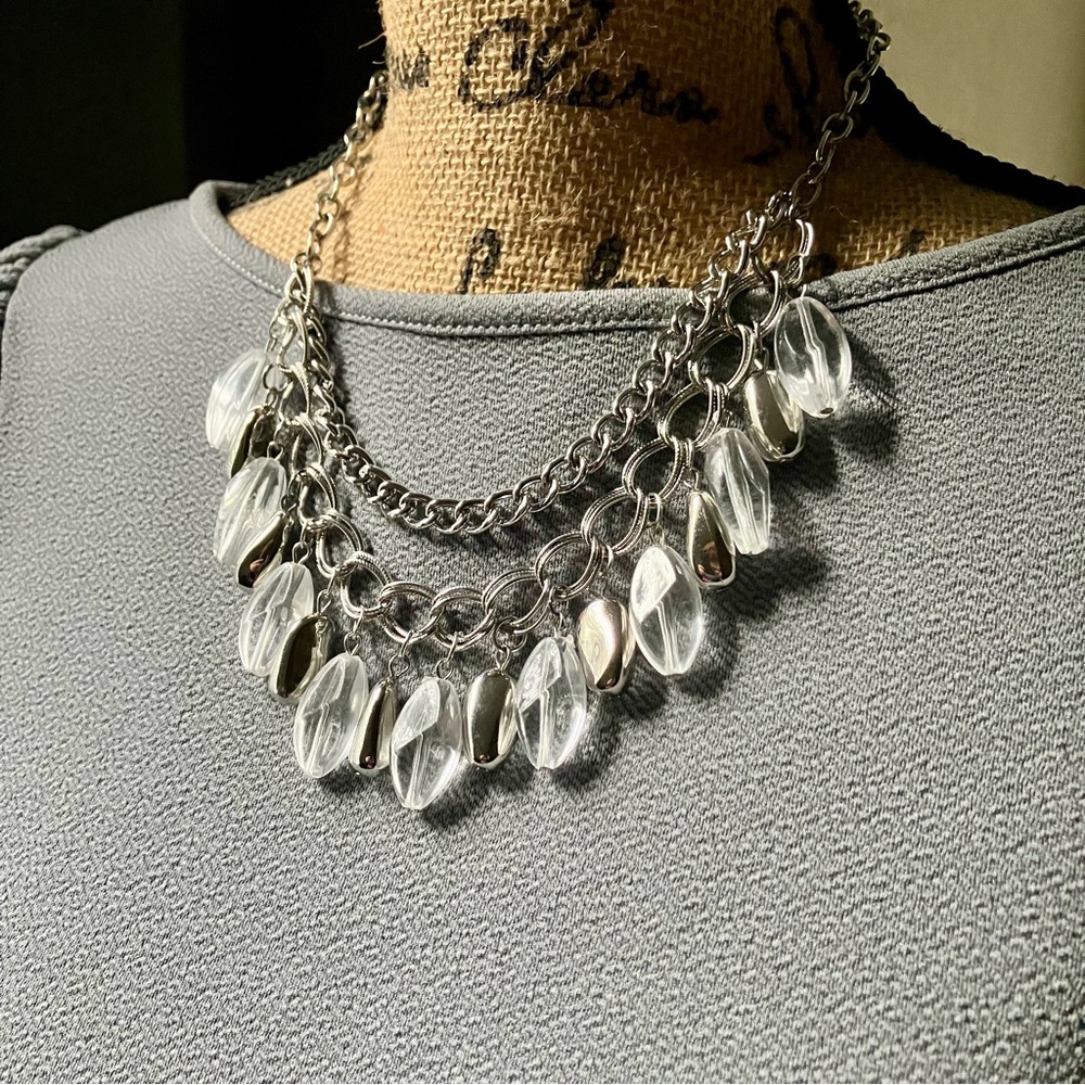 Polished clear acrylic beads and silver chain necklace